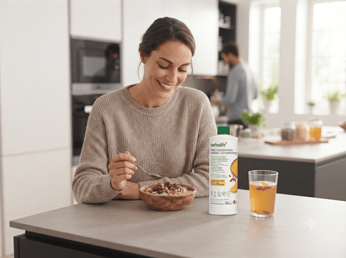 Darmfreundliche Lebensmittel: Haferflocken, Nüsse, Beeren und ein Glas Ballaststoffkonzentrat auf einem Holztisch